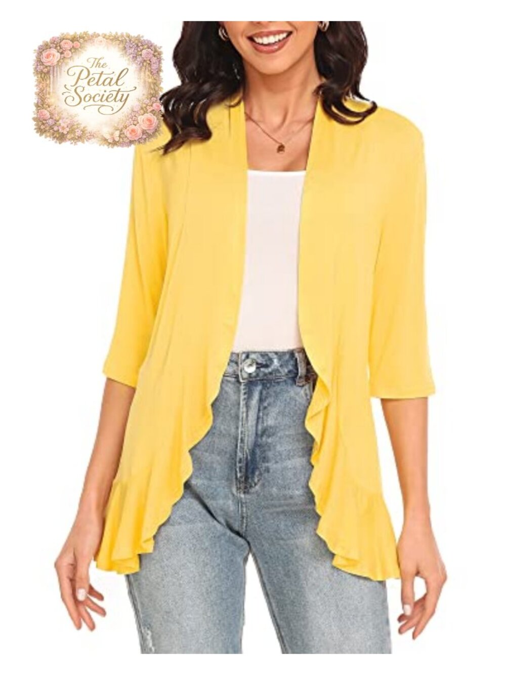 Women's 3/4 Sleeve Open Front Cardigan Lightweight Draped Ruffle Casual